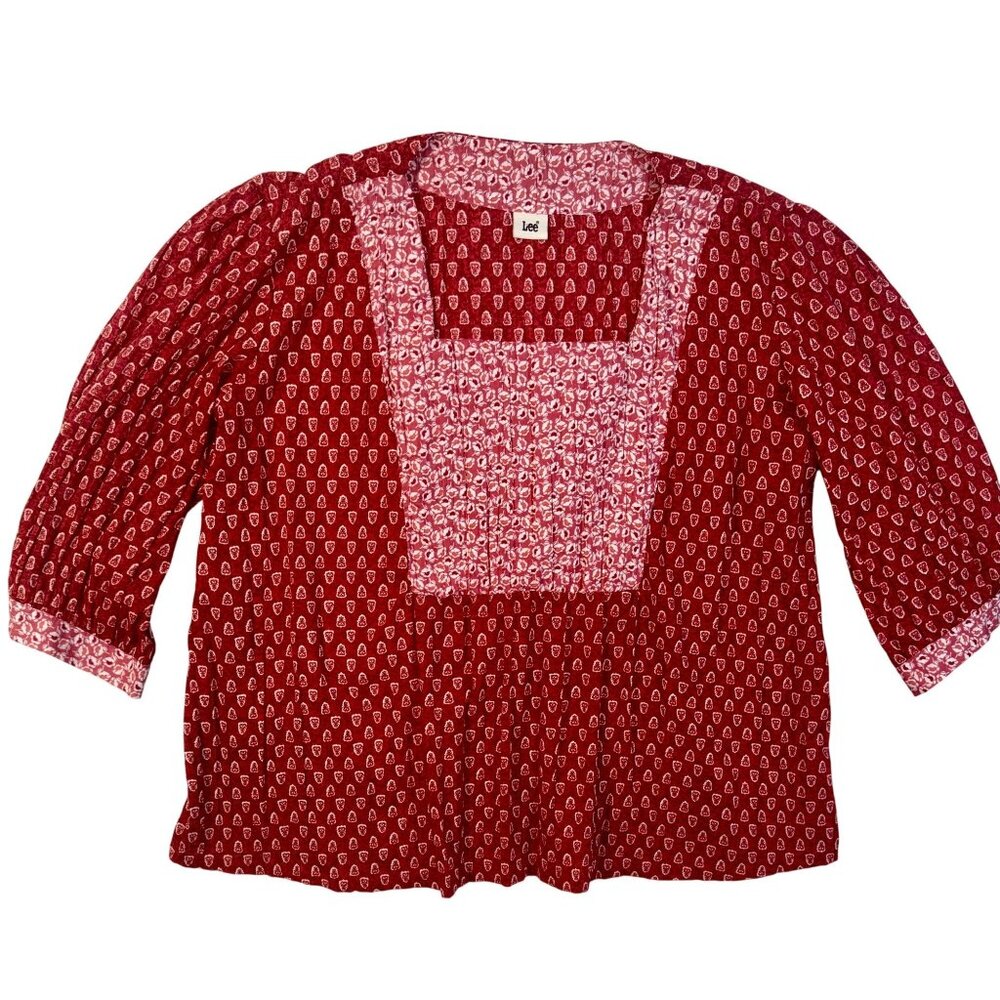 Lee Womens 3XL Red & White Prairie Dainty Print Blouse Square Neck & 3/4 Sleeves